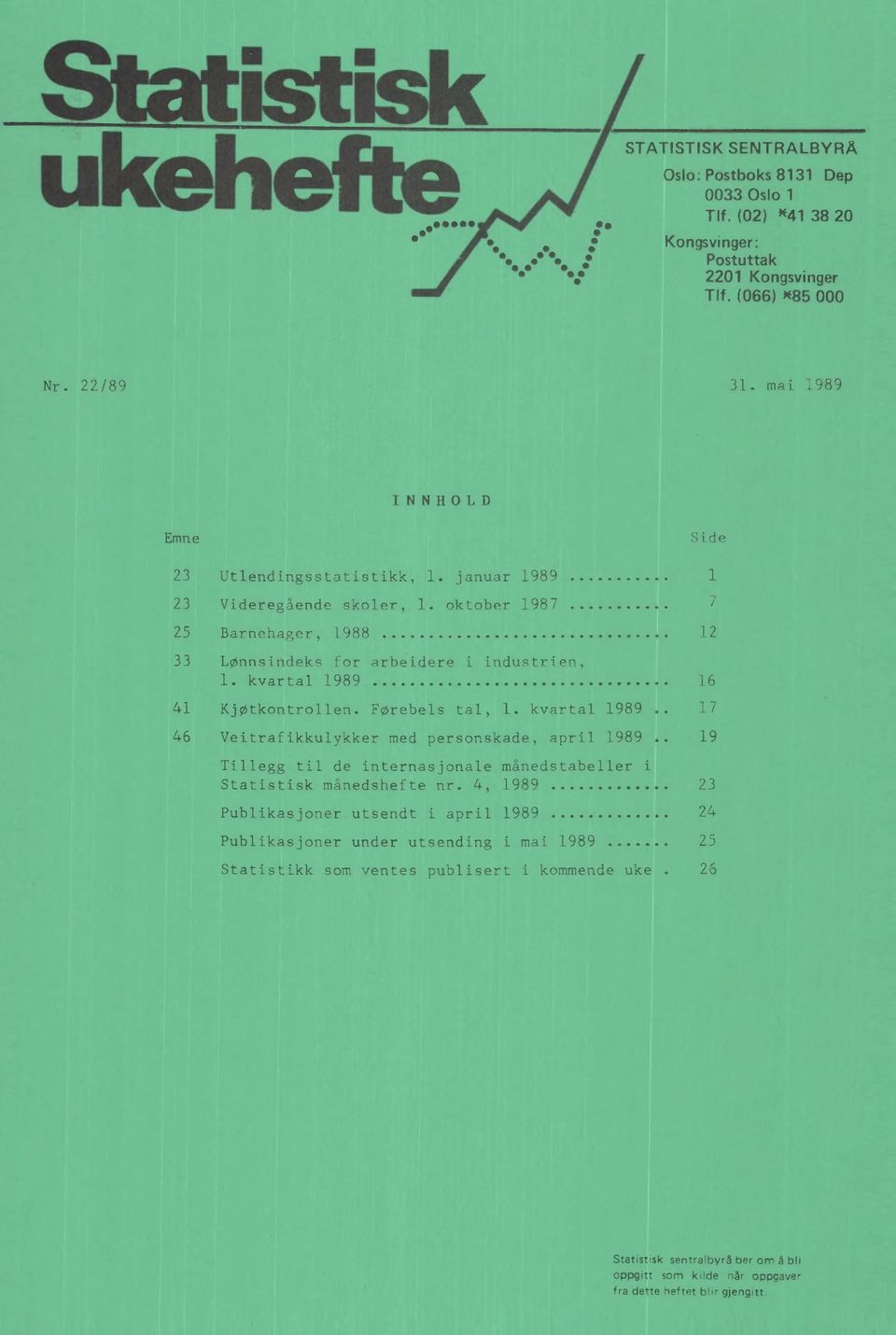 kvartal 1989 17 46 Veitrafikkulykker med personskade, april 1989 19 Tillegg til de internasjonale månedstabeller i Statistisk månedshefte nr.