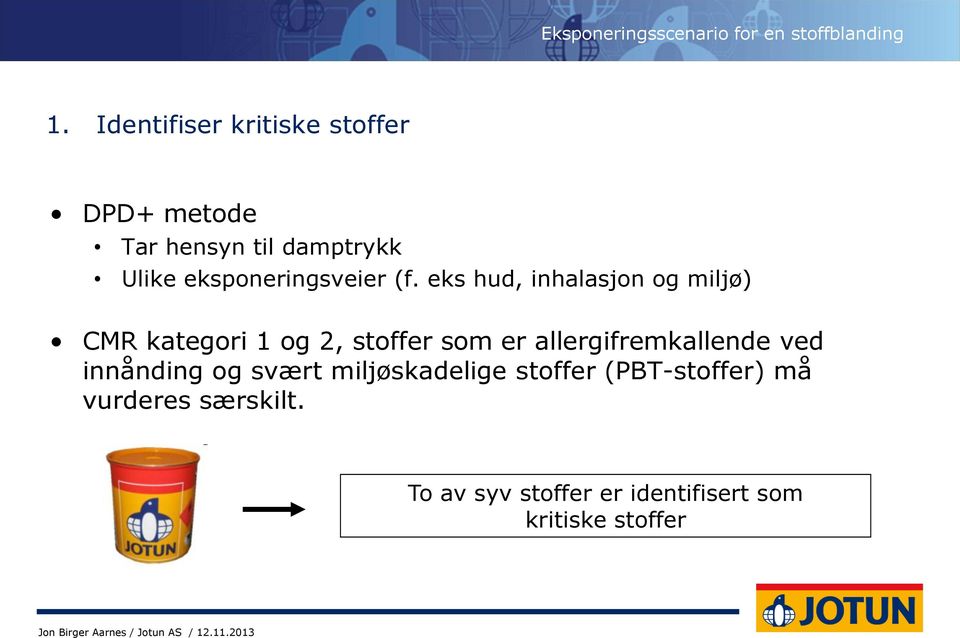 eks hud, inhalasjon og miljø) CMR kategori 1 og 2, stoffer som er