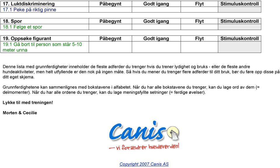 1 Gå bort til person som står 5-10 meter unna Denne lista med grunnferdigheter inneholder de fleste adferder du trenger hvis du trener lydighet og bruks - eller de fleste andre hundeaktiviteter, men