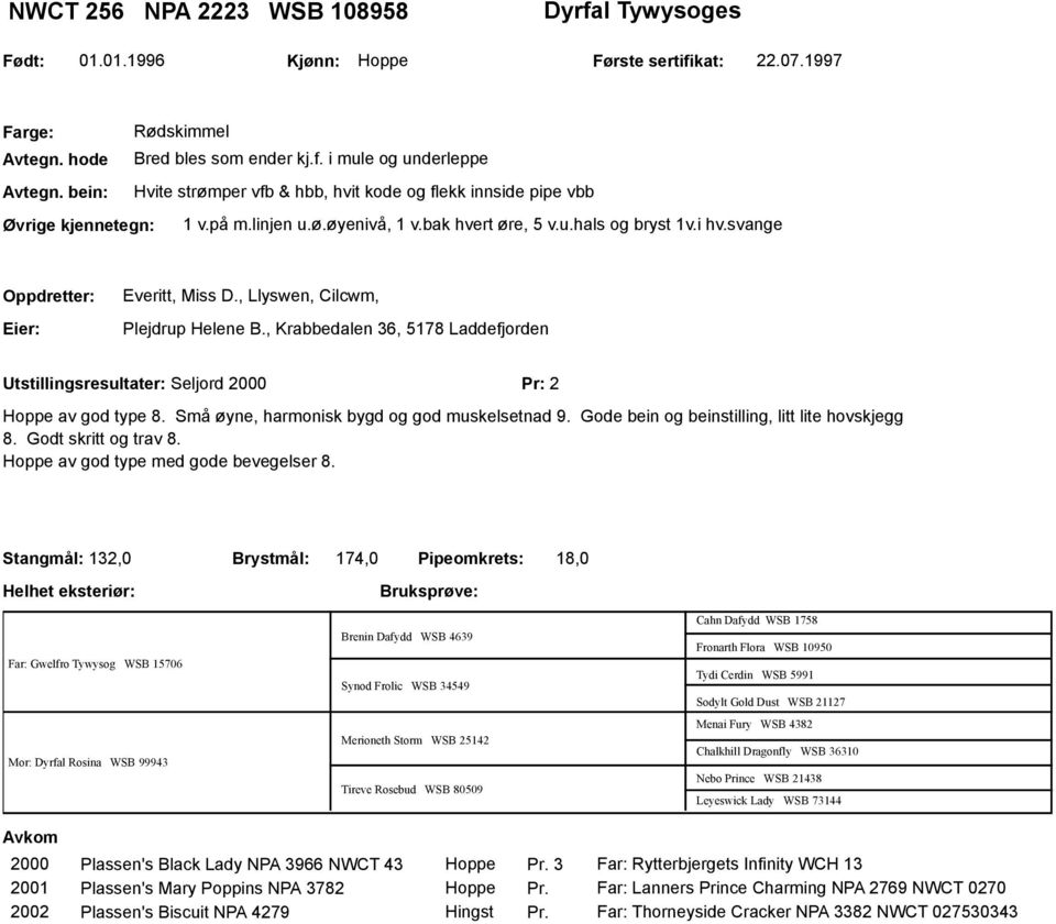 , Llyswen, Cilcwm, Plejdrup Helene B., Krabbedalen 36, 5178 Laddefjorden Utstillingsresultater: Seljord 2000 Pr: 2 Hoppe av god type 8. Små øyne, harmonisk bygd og god muskelsetnad 9.