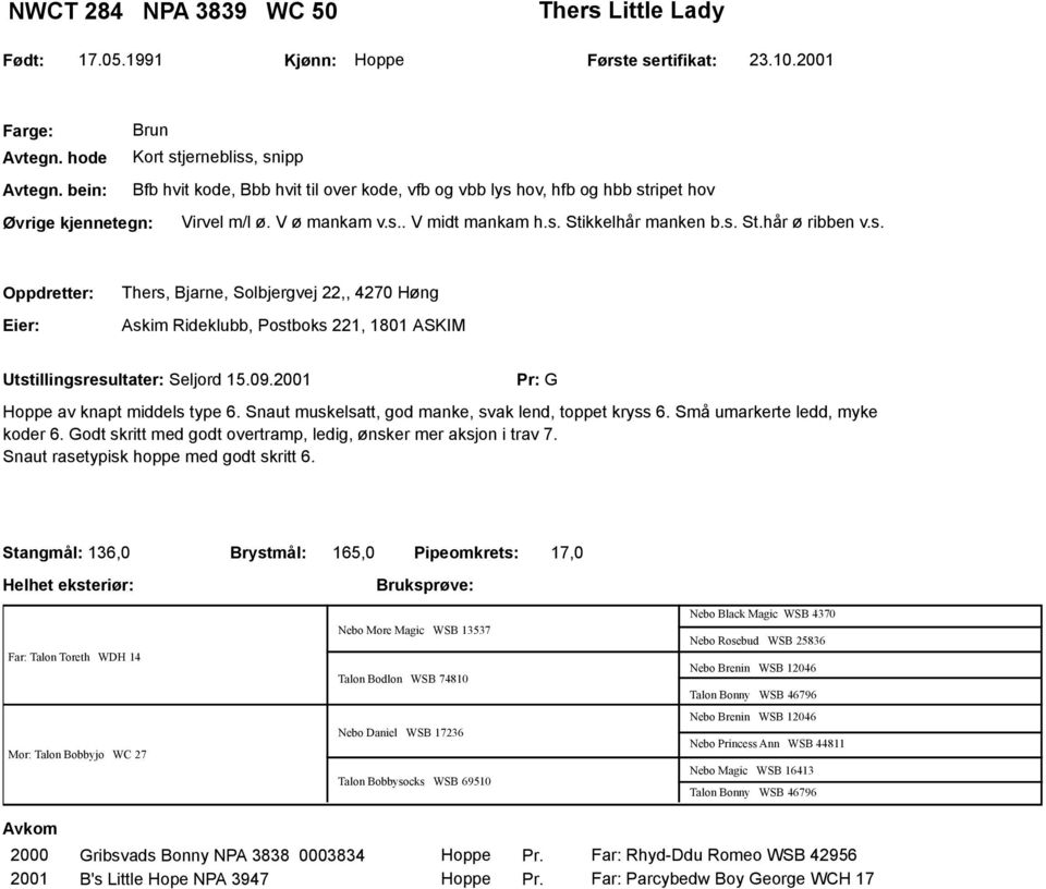 09.2001 Hoppe av knapt middels type 6. Snaut muskelsatt, god manke, svak lend, toppet kryss 6. Små umarkerte ledd, myke koder 6. Godt skritt med godt overtramp, ledig, ønsker mer aksjon i trav 7.