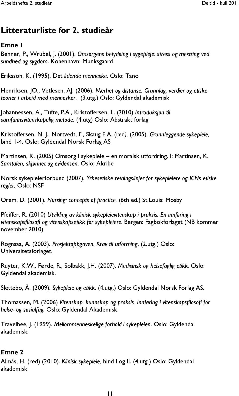 ) Oslo: Gyldendal akademisk Johannessen, A., Tufte, P.A., Kristoffersen, L. (2010) Introduksjon til samfunnsvitenskapelig metode. (4.utg) Oslo: Abstrakt forlag Kristoffersen, N. J., Nortvedt, F.