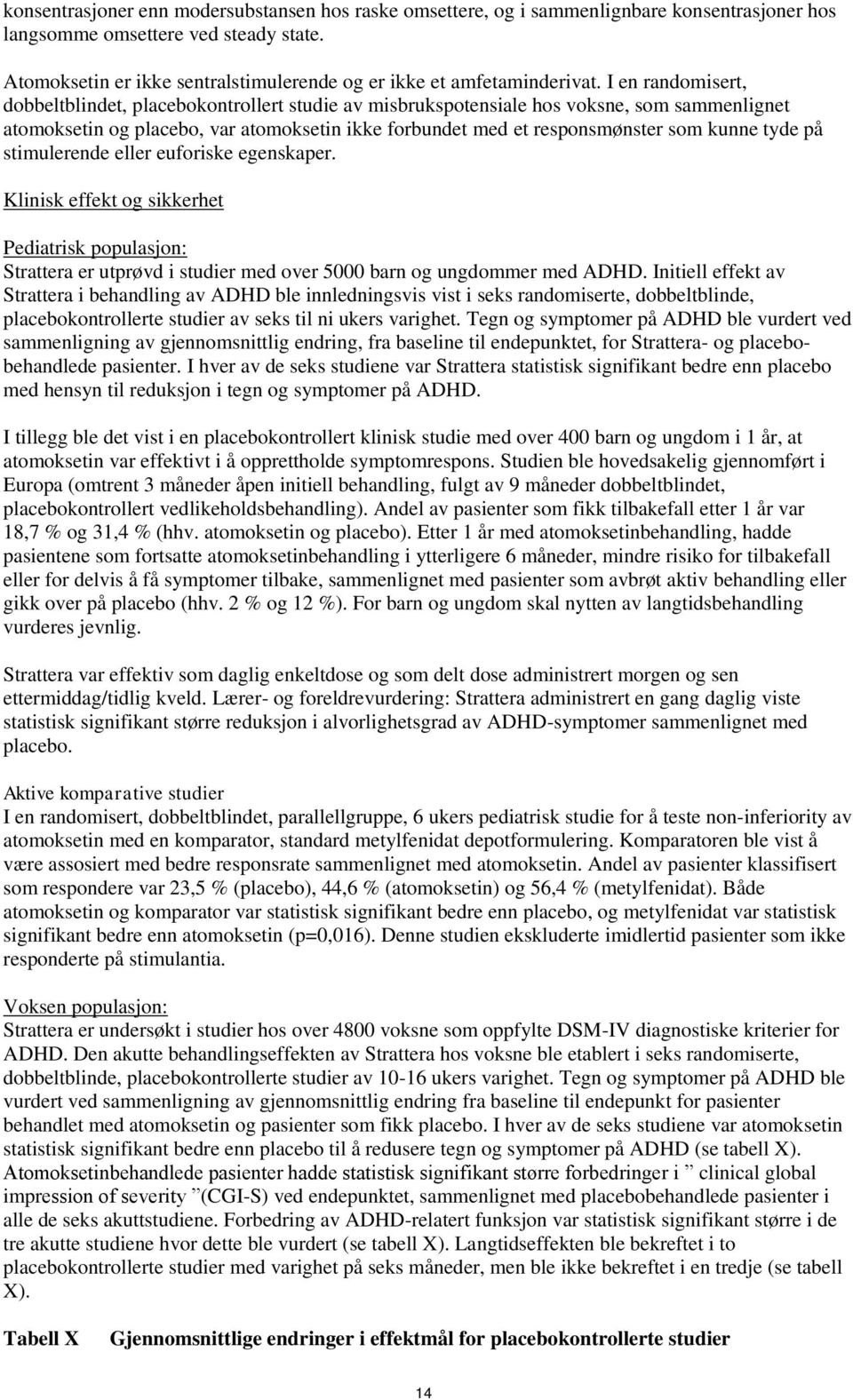 I en randomisert, dobbeltblindet, placebokontrollert studie av misbrukspotensiale hos voksne, som sammenlignet atomoksetin og placebo, var atomoksetin ikke forbundet med et responsmønster som kunne