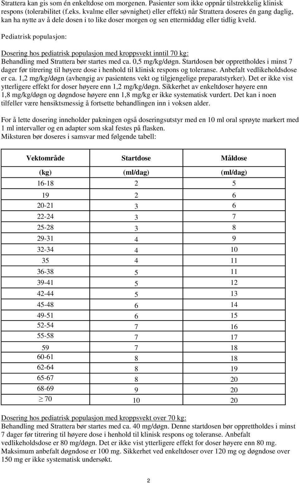 Pediatrisk populasjon: Dosering hos pediatrisk populasjon med kroppsvekt inntil 70 kg: Behandling med Strattera bør startes med ca. 0,5 mg/kg/døgn.