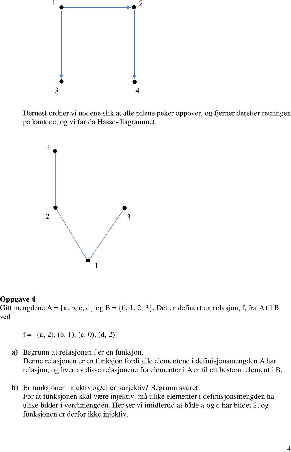 Denne relasjonen er en funksjon fordi alle elementene i definisjonsmengden A har relasjon, og hver av disse relasjonene fra elementer i A er til ett bestemt element i B.