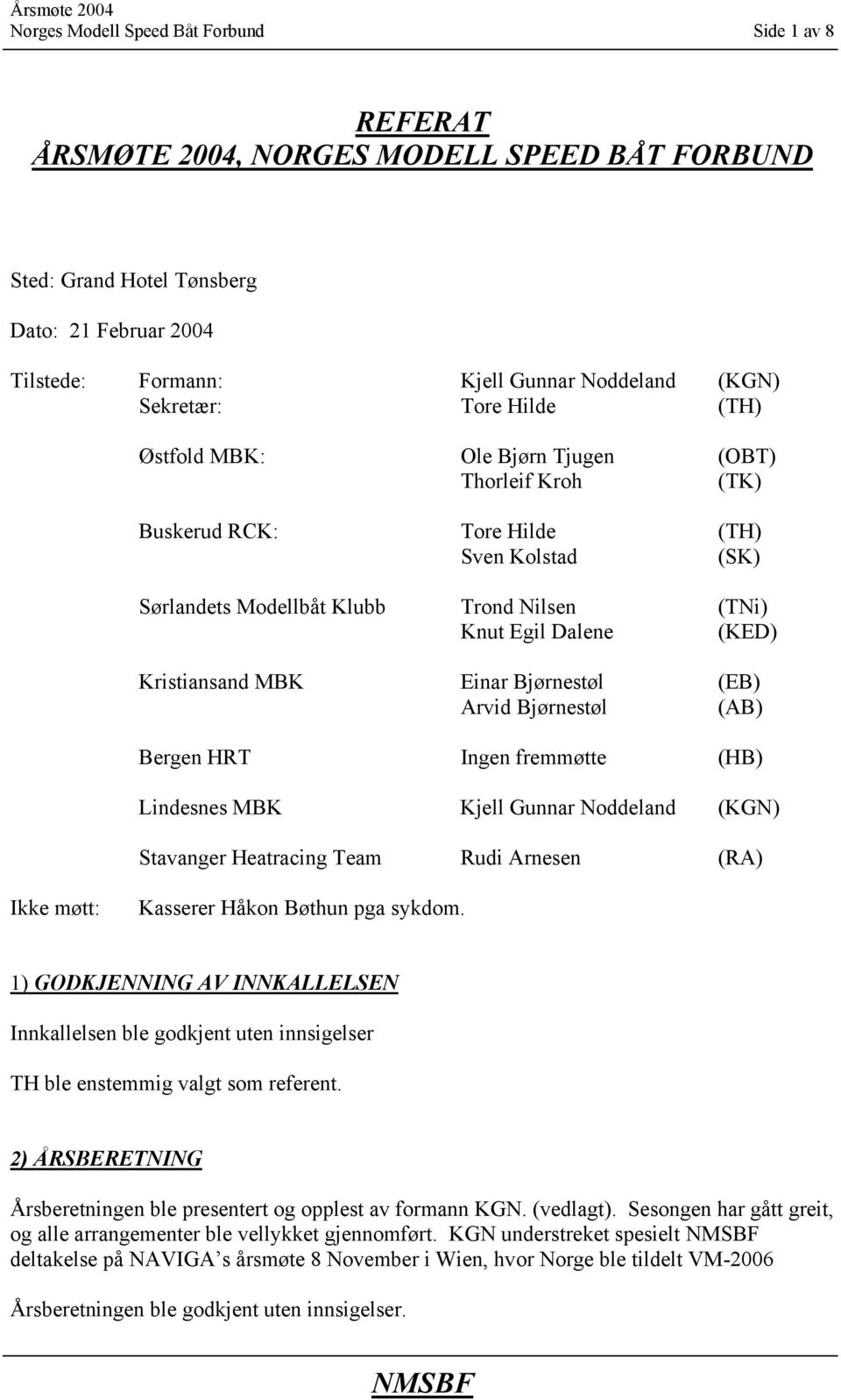 Bjørnestøl (EB) Arvid Bjørnestøl (AB) Bergen HRT Ingen fremmøtte (HB) Lindesnes MBK Kjell Gunnar Noddeland (KGN) Stavanger Heatracing Team Rudi Arnesen (RA) Ikke møtt: Kasserer Håkon Bøthun pga