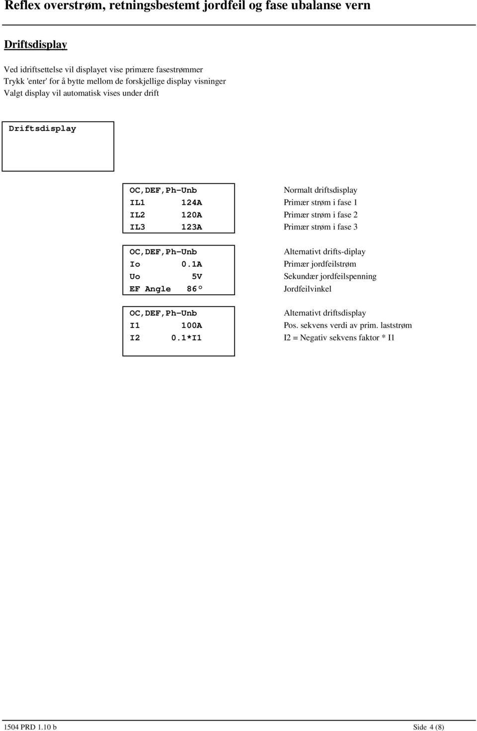 13A Primær strøm i fase 3 OC,DEF,Ph-Unb Alternativt drifts-diplay Io 0.