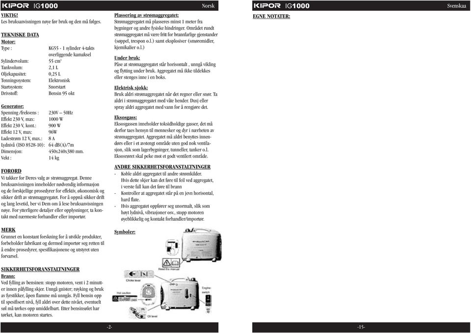 Bensin 95 okt Generator: Spenning /frekvens : 230V 50Hz Effekt 230 V, max: 1000 W Effekt 230 V, kont.: 900 W Effekt 12 V, max: 96W Ladestrøm 12 V, max.