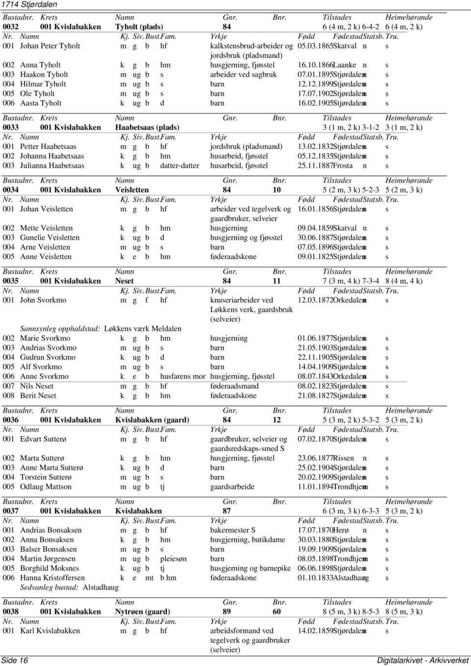 02.1905Stjørdale n s 0033 001 Kvislabakken Haabetsaas 3 (1 m, 2 k) 3-1-2 3 (1 m, 2 k) 001 Petter Haabetsaas m g b hf jordsbruk (pladsmand) 13.02.1832Stjørdale n s 002 Johanna Haabetsaas k g b hm husarbeid, fjøsstel 05.