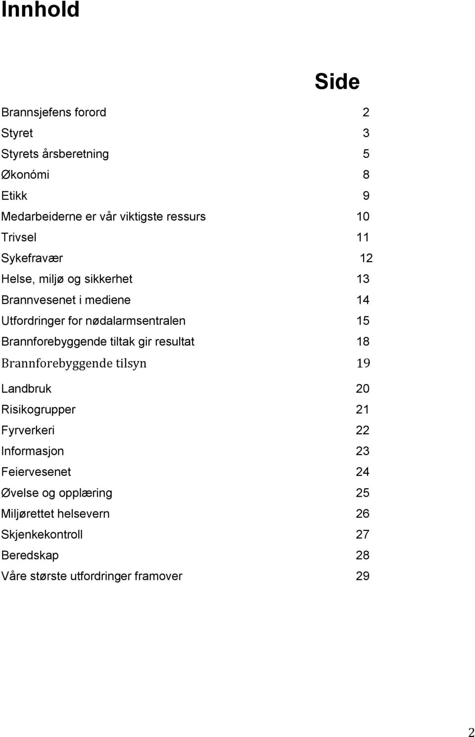 Brannforebyggende tiltak gir resultat 18 Brannforebyggende tilsyn 19 Landbruk 20 Risikogrupper 21 Fyrverkeri 22 Informasjon 23