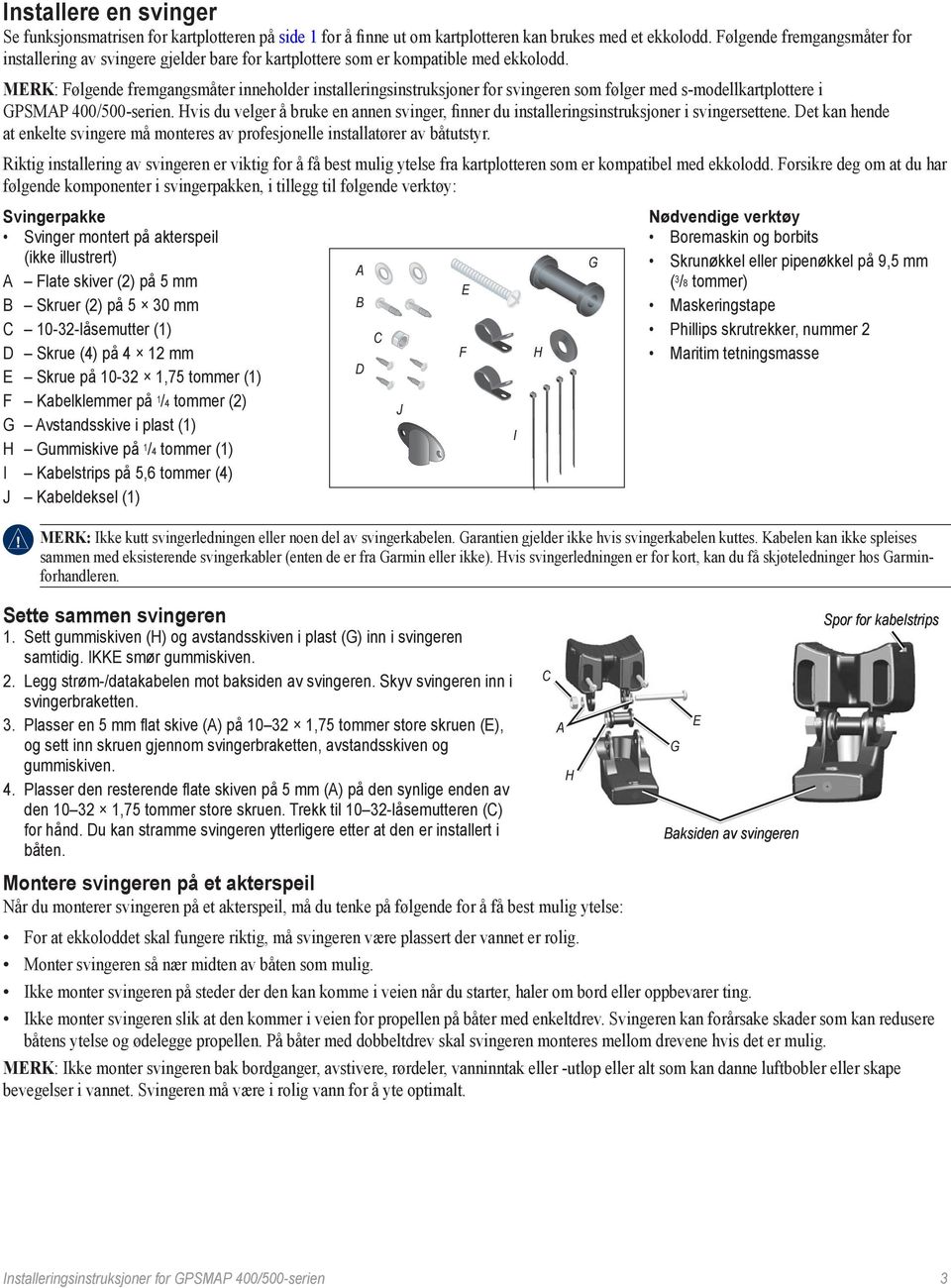 MERK: Følgende fremgangsmåter inneholder installeringsinstruksjoner for svingeren som følger med s-modellkartplottere i GPSMAP 400/500-serien.