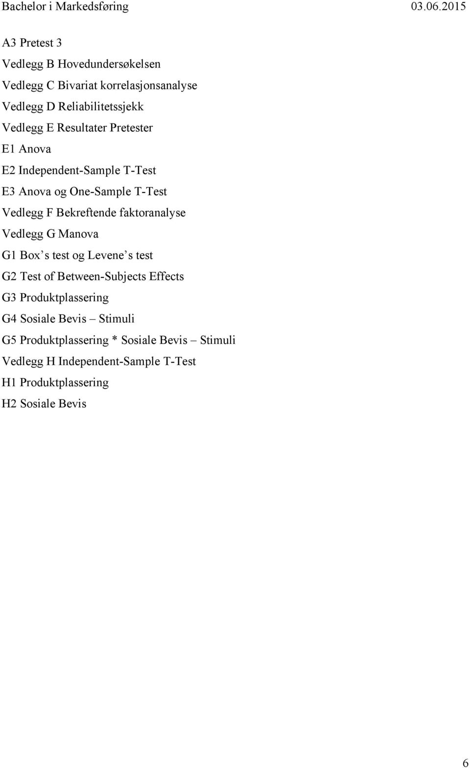 faktoranalyse Vedlegg G Manova G1 Box s test og Levene s test G2 Test of Between-Subjects Effects G3 Produktplassering G4