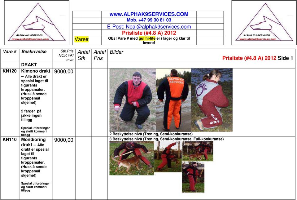 8 A) 2012 Side 1 2 farger på jakke ingen tillegg Spesial utfordringer og skrift kommer i tillegg KN110 Mondioring drakt Alle drakt er spesial laget til figurants