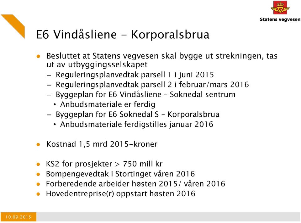 ferdig Byggeplan for E6 Soknedal S Korporalsbrua Anbudsmateriale ferdigstilles januar 2016 Kostnad 1,5 mrd 2015-kroner KS2 for prosjekter >