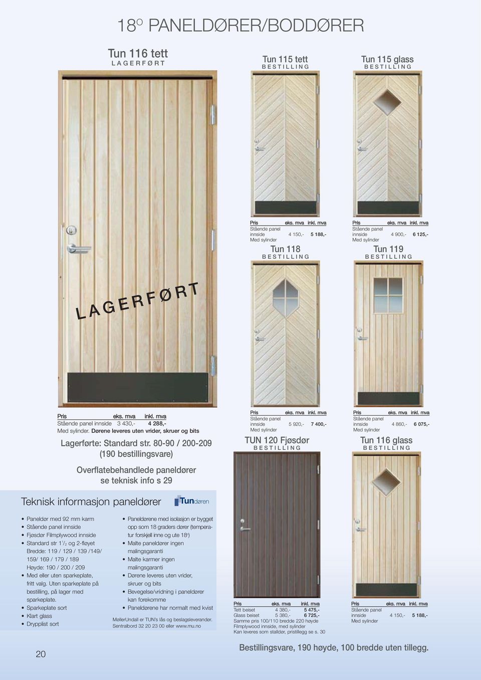 80-90 / 200-209 (190 bestillingsvare) Overflatebehandlede paneldører se teknisk info s 29 Teknisk informasjon paneldører Stående panel innside 5 920,- 7 400,- Med sylinder TUN 120 Fjøsdør Stående