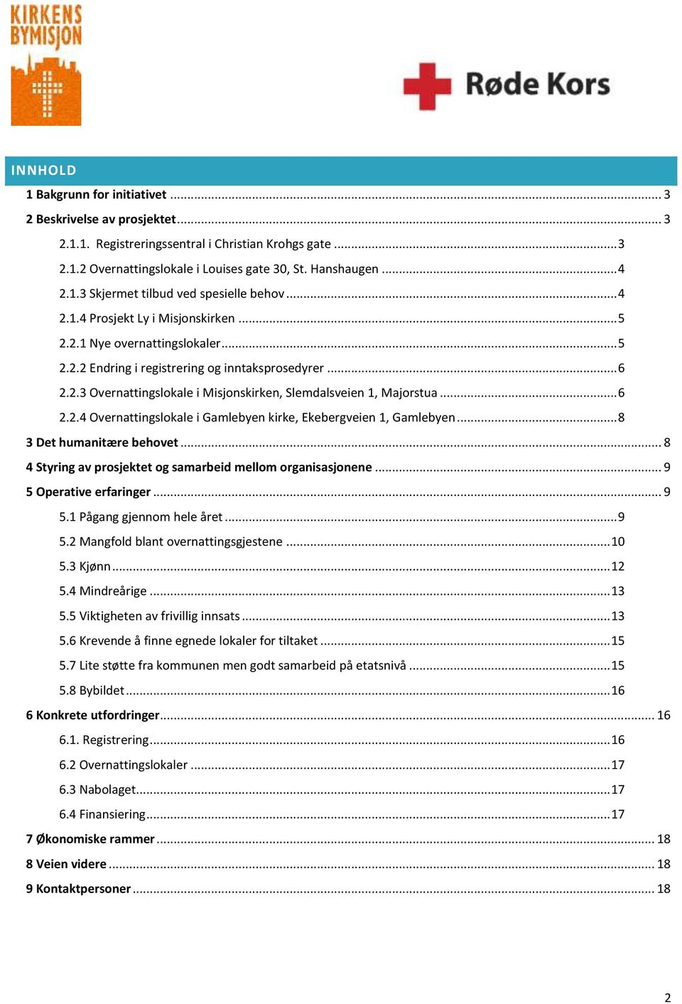 .. 6 2.2.4 Overnattingslokale i Gamlebyen kirke, Ekebergveien 1, Gamlebyen... 8 3 Det humanitære behovet... 8 4 Styring av prosjektet og samarbeid mellom organisasjonene... 9 5 Operative erfaringer.