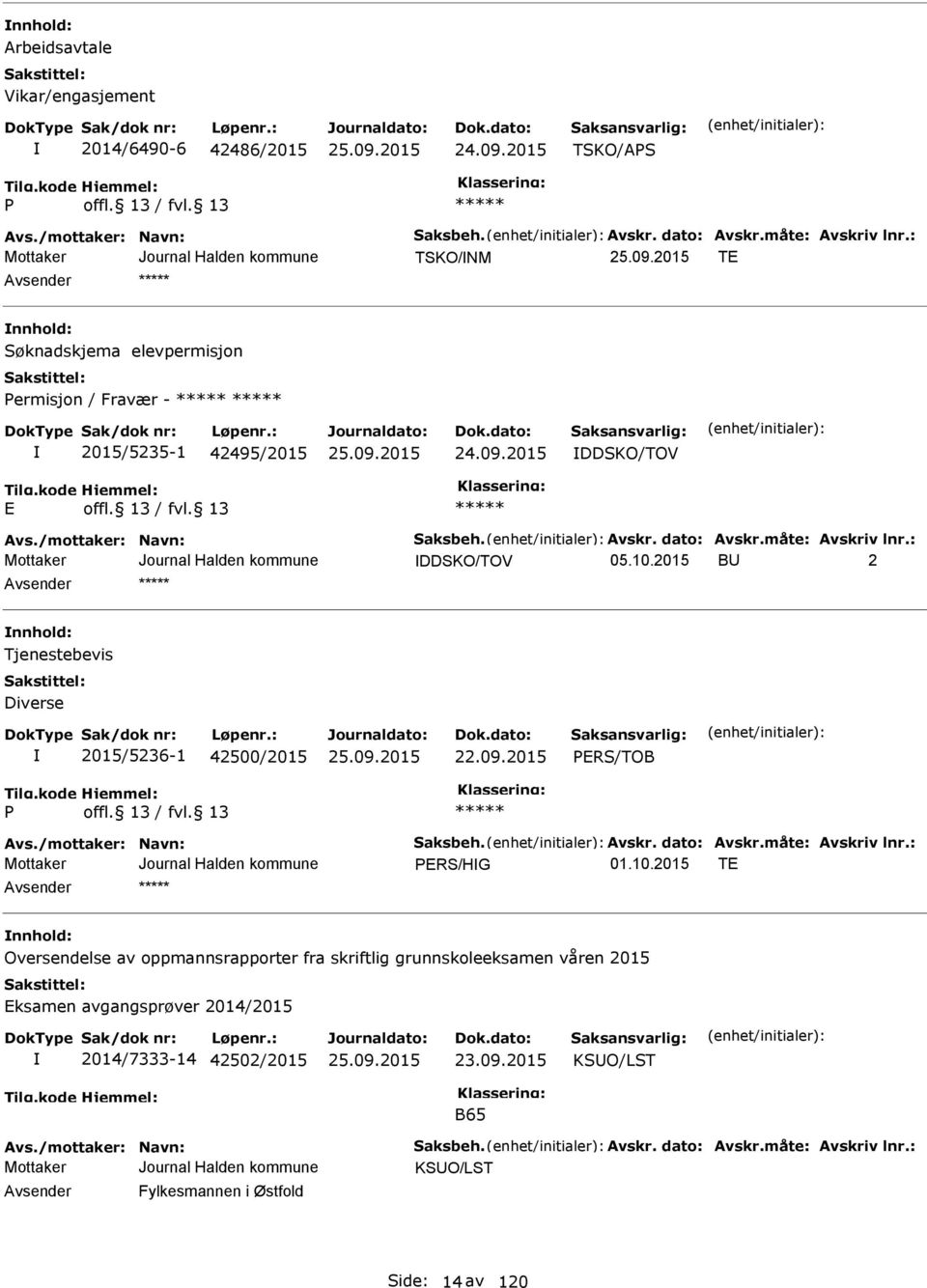 2015 BU 2 nnhold: Tjenestebevis Diverse 2015/5236-1 42500/2015 22.09.2015 PRS/TOB P vs./mottaker: Navn: Saksbeh. vskr. dato: vskr.måte: vskriv lnr.