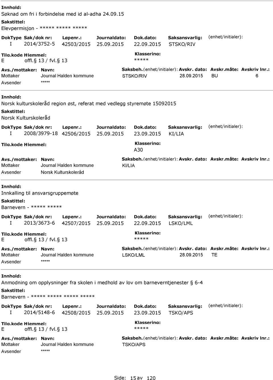 dato: vskr.måte: vskriv lnr.: K/L vsender Norsk Kulturskoleråd nnhold: nnkalling til ansvarsgruppemøte Barnevern - 2013/3673-6 42507/2015 22.09.2015 LSKO/LML vs./mottaker: Navn: Saksbeh. vskr. dato: vskr.