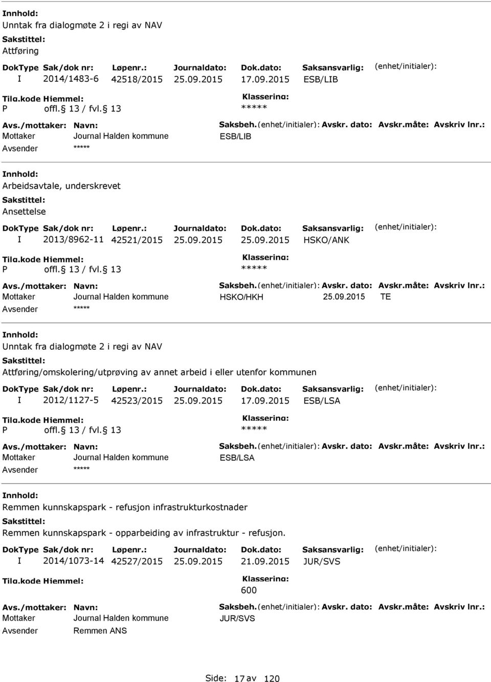 : HSKO/HKH T nnhold: Unntak fra dialogmøte 2 i regi av NV ttføring/omskolering/utprøving av annet arbeid i eller utenfor kommunen 2012/1127-5 42523/2015 17.09.2015 SB/LS P vs./mottaker: Navn: Saksbeh.