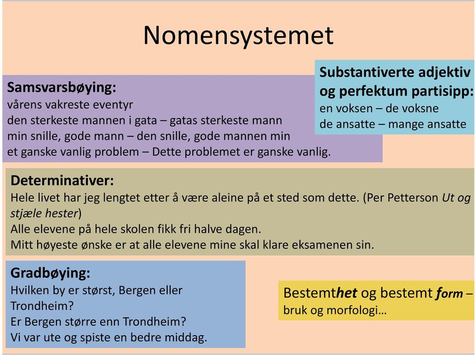 Substantiverte adjektiv og perfektum partisipp: en voksen de voksne de ansatte mange ansatte Determinativer: Hele livet har jeg lengtet etter å være aleine på et sted som dette.