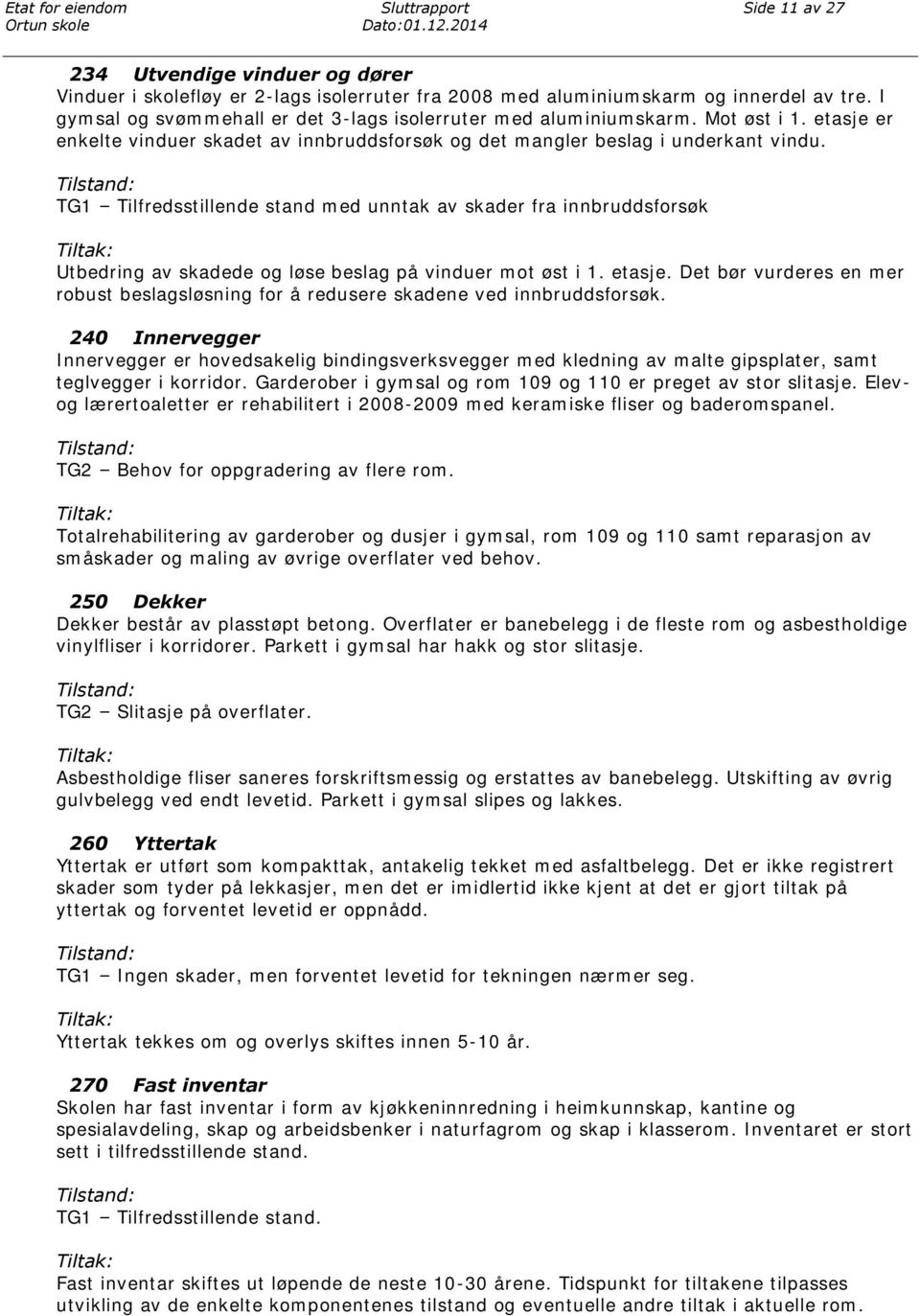 Tilstand: TG1 Tilfredsstillende stand med unntak av skader fra innbruddsforsøk Tiltak: Utbedring av skadede og løse beslag på vinduer mot øst i 1. etasje.