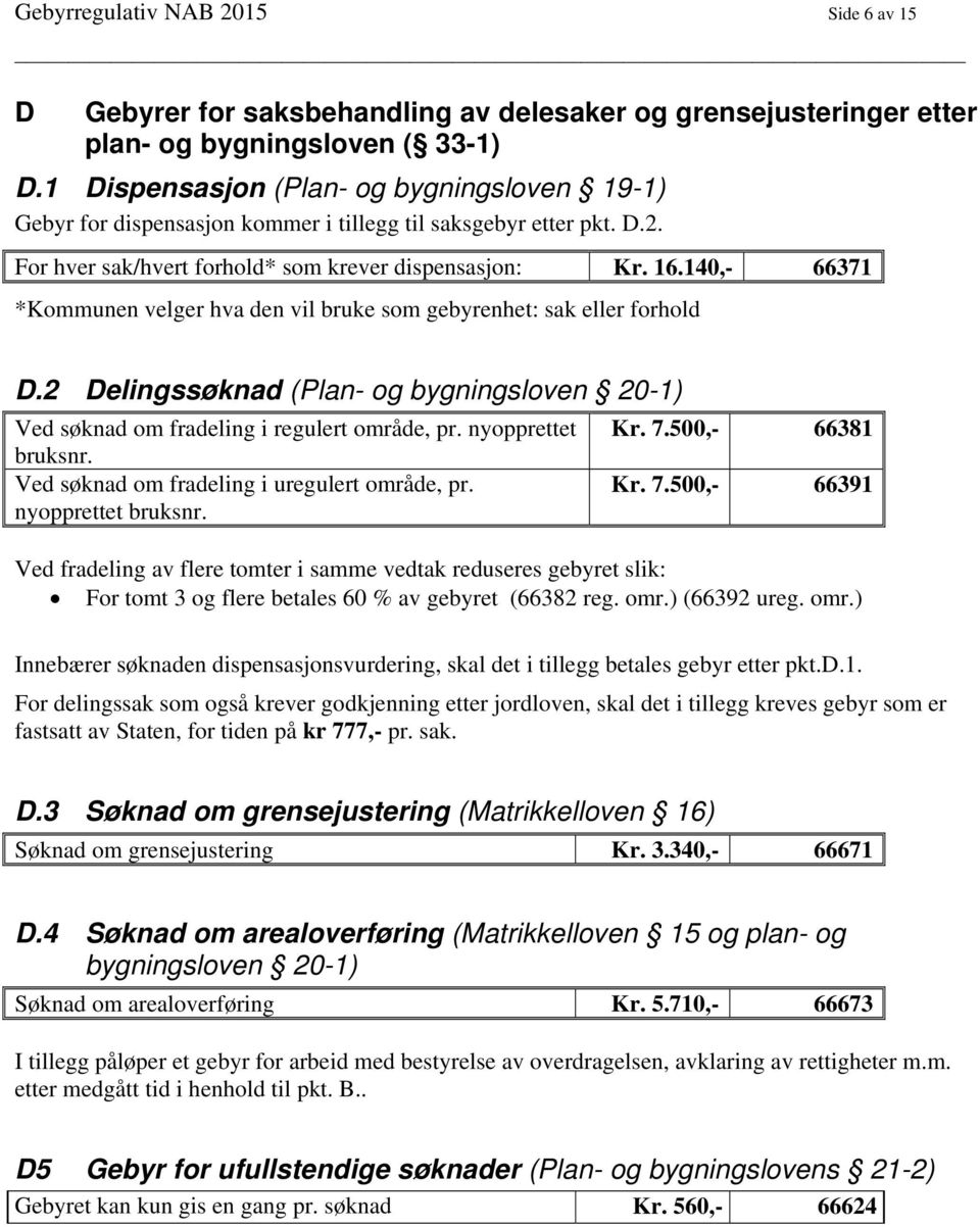 140,- 66371 *Kommunen velger hva den vil bruke som gebyrenhet: sak eller forhold D.2 Delingssøknad (Plan- og bygningsloven 20-1) Ved søknad om fradeling i regulert område, pr. nyopprettet bruksnr.