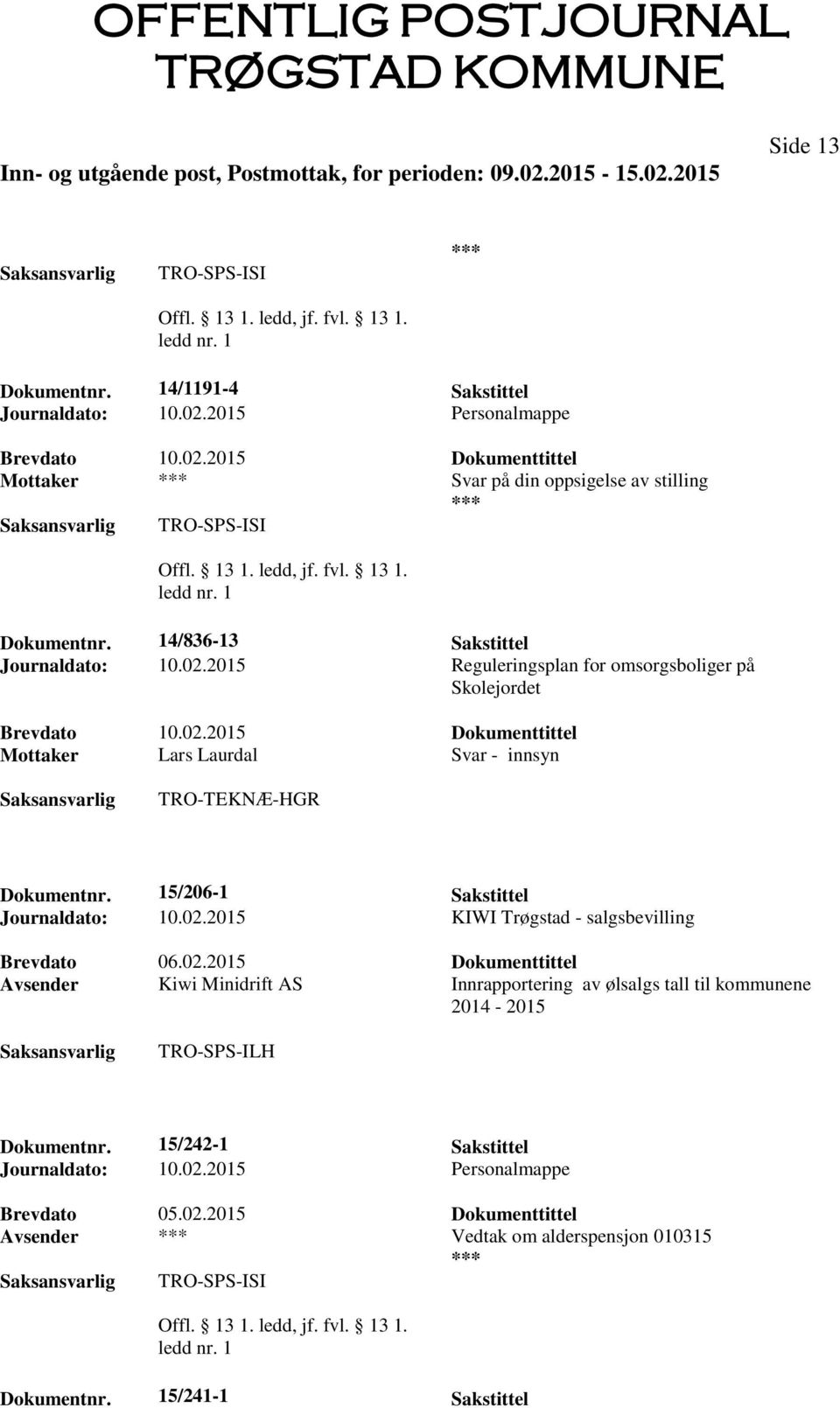 15/206-1 Sakstittel Journaldato: 10.02.2015 KIWI Trøgstad - salgsbevilling Brevdato 06.02.2015 Dokumenttittel Avsender Kiwi Minidrift AS Innrapportering av ølsalgs tall til kommunene 2014-2015 TRO-SPS-ILH Dokumentnr.