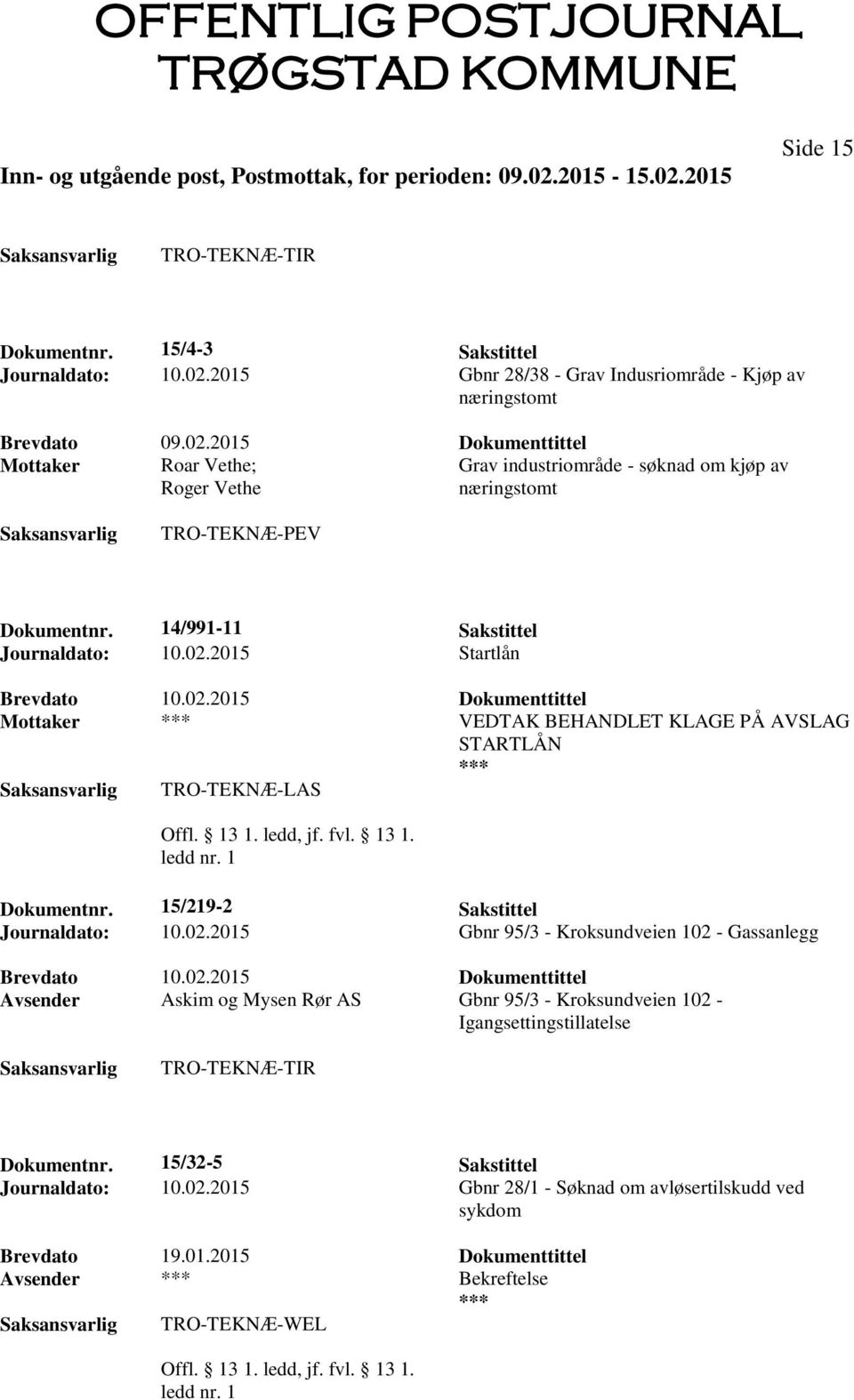 14/991-11 Sakstittel Journaldato: 10.02.2015 Startlån Brevdato 10.02.2015 Dokumenttittel Mottaker VEDTAK BEHANDLET KLAGE PÅ AVSLAG STARTLÅN TRO-TEKNÆ-LAS Dokumentnr.