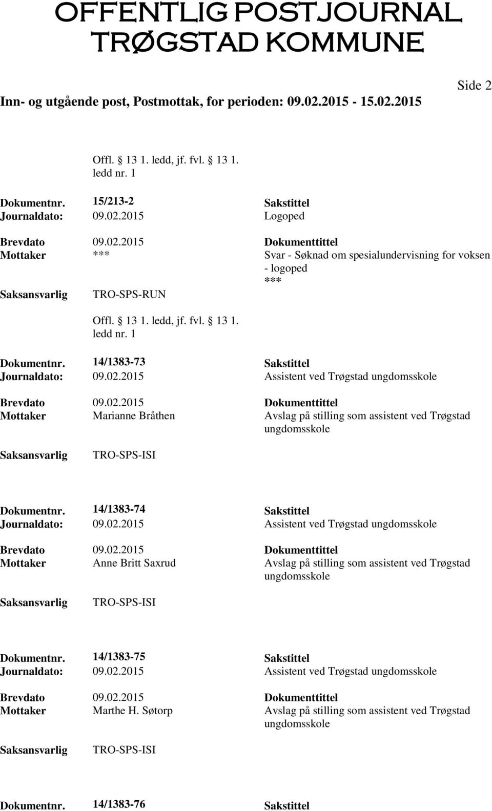 14/1383-73 Sakstittel Mottaker Marianne Bråthen Avslag på stilling som assistent ved Trøgstad Dokumentnr.