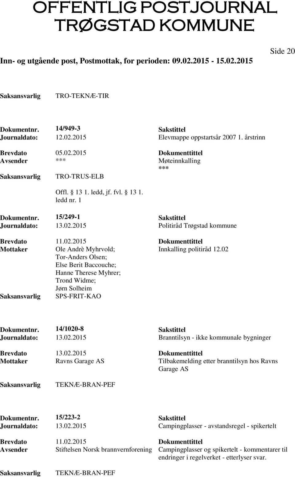 02 Tor-Anders Olsen; Else Berit Baccouche; Hanne Therese Myhrer; Trond Widme; Jørn Solheim SPS-FRIT-KAO Dokumentnr. 14/1020-8 Sakstittel Journaldato: 13.02.2015 Branntilsyn - ikke kommunale bygninger Brevdato 13.