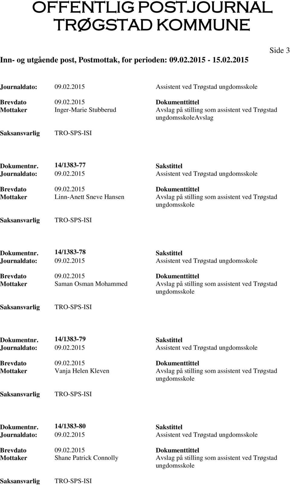 14/1383-78 Sakstittel Mottaker Saman Osman Mohammed Avslag på stilling som assistent ved Trøgstad Dokumentnr.