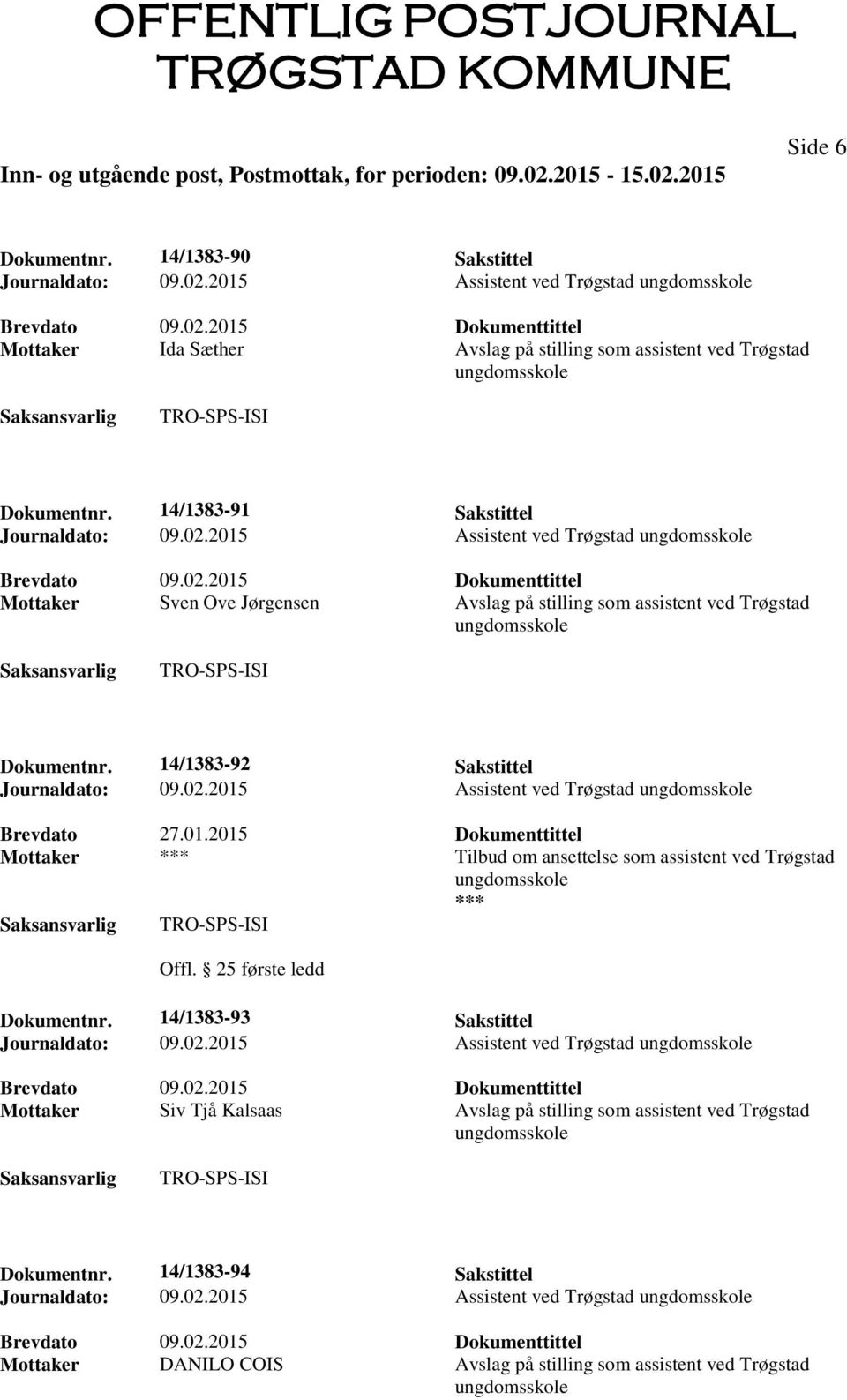 01.2015 Dokumenttittel Mottaker Tilbud om ansettelse som assistent ved Trøgstad Offl. 25 første ledd Dokumentnr.