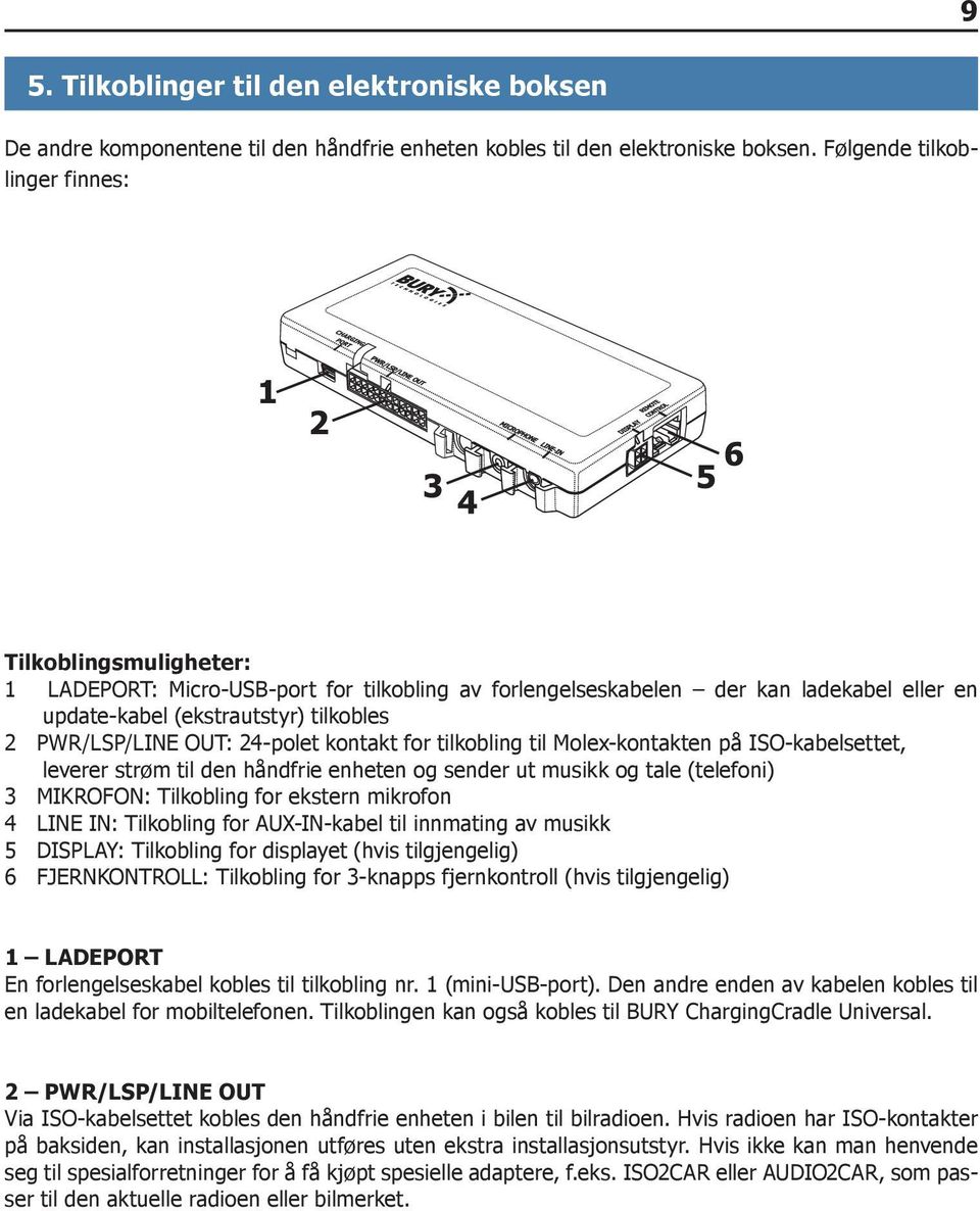 OUT: 24-polet kontakt for tilkobling til Molex-kontakten på ISO-kabelsettet, leverer strøm til den håndfrie enheten og sender ut musikk og tale (telefoni) 3 MIKROFON: Tilkobling for ekstern mikrofon