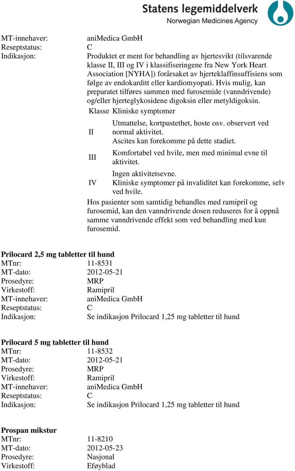 Klasse Kliniske symptomer II III Utmattelse, kortpustethet, hoste osv. observert ved normal aktivitet. Ascites kan forekomme på dette stadiet.