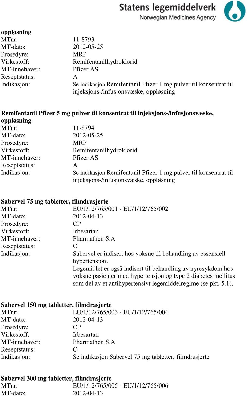 injeksjons-/infusjonsvæske, oppløsning Sabervel 75 mg tabletter, filmdrasjerte EU/1/12/765/001 - EU/1/12/765/002 MT-dato: 2012-04-13 P Irbesartan Pharmathen S.