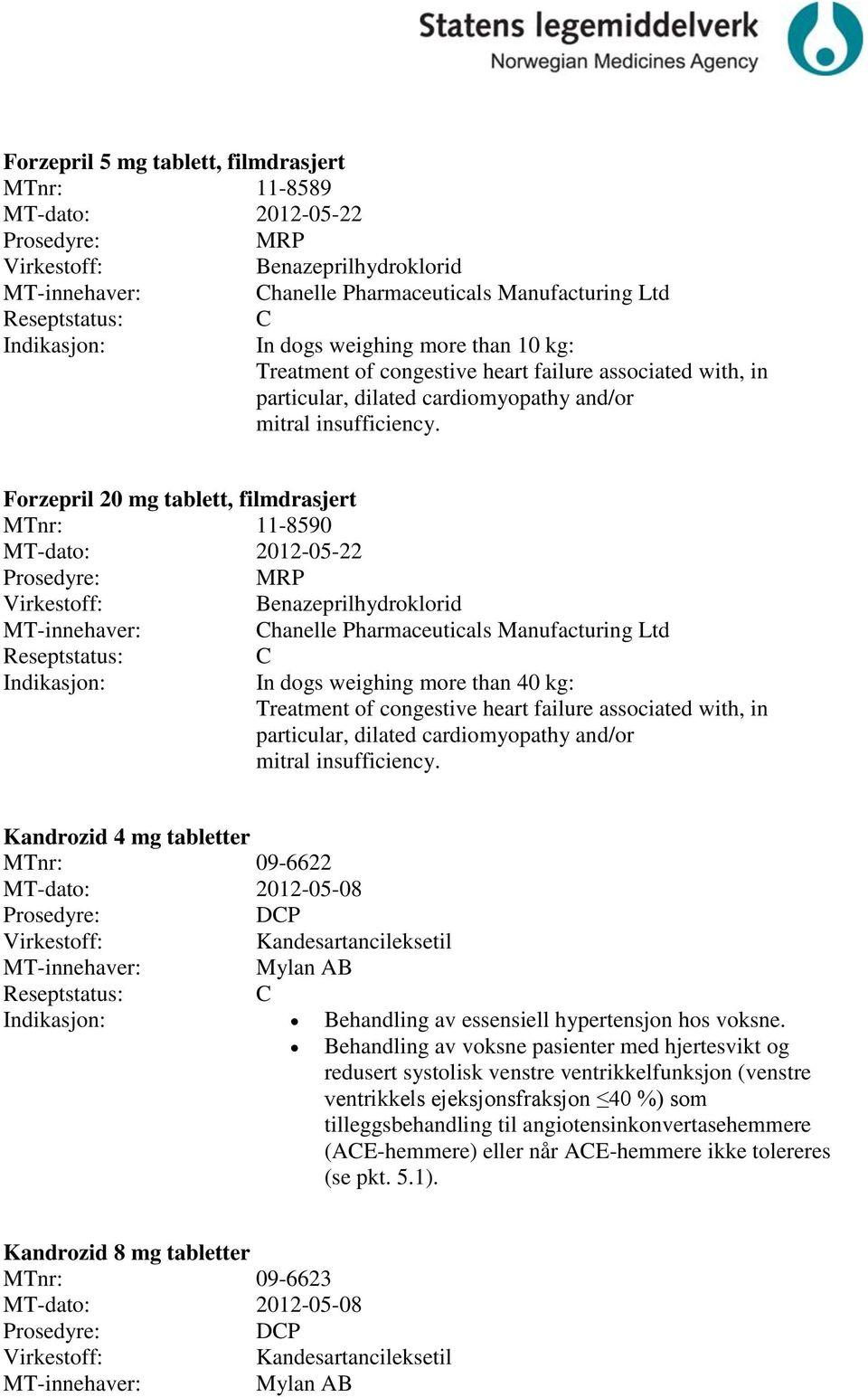 Forzepril 20 mg tablett, filmdrasjert 11-8590 MT-dato: 2012-05-22 Benazeprilhydroklorid hanelle Pharmaceuticals Manufacturing Ltd In dogs weighing more than 40 kg: Treatment of congestive heart 