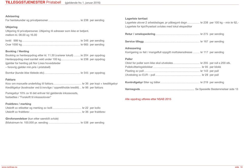 30 (varierer lokalt)...kr 204 per oppdrag Henteoppdrag med samlet vekt under 100 kg... kr 238 per oppdrag (gjelder for henting på Nor Lines hovedsteder forøvrig gjelder min.