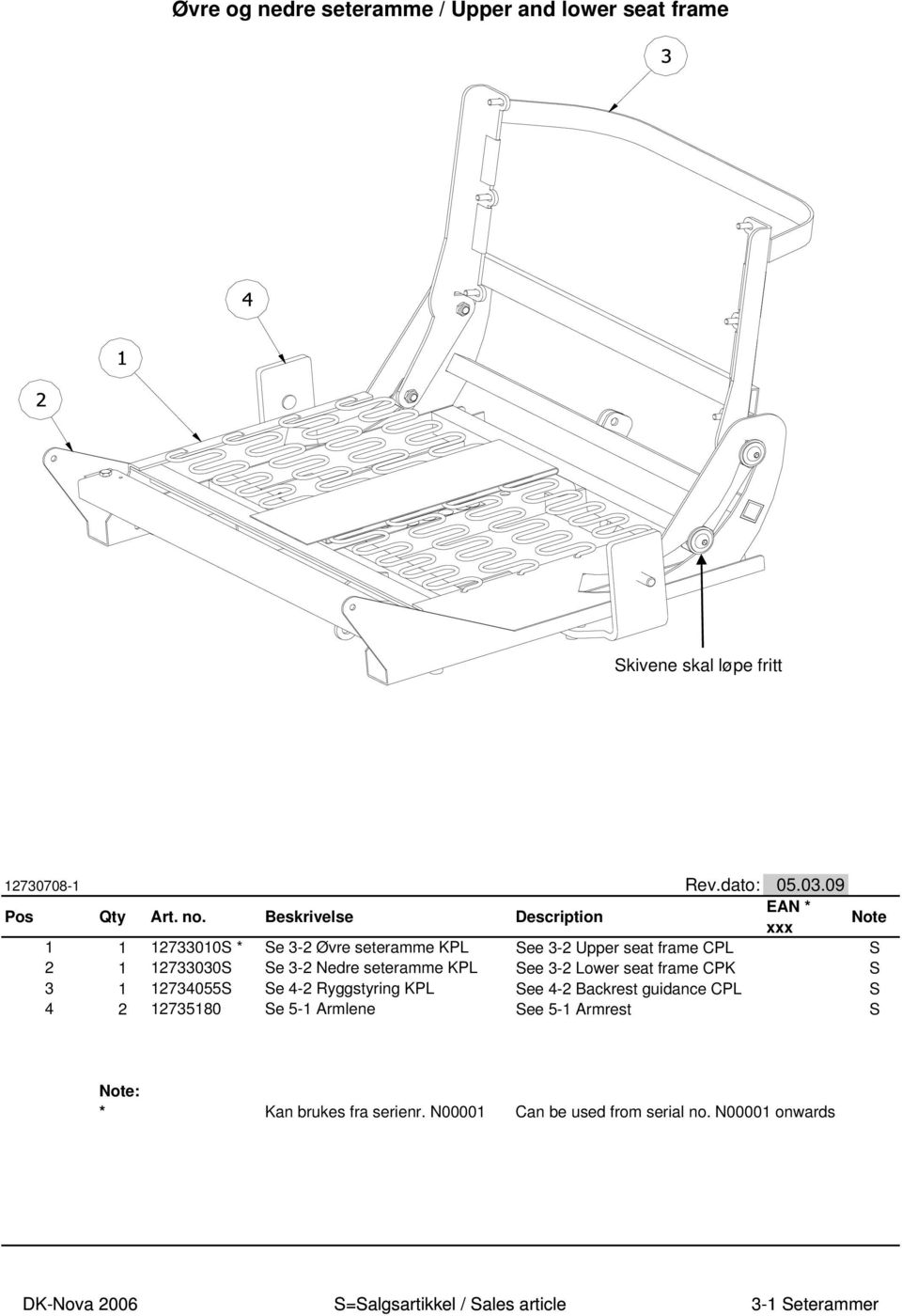 Lower seat frame CPK S 3 1 12734055S Se 4-2 Ryggstyring KPL See 4-2 Backrest guidance CPL S 4 2 12735180 Se 5-1 Armlene See