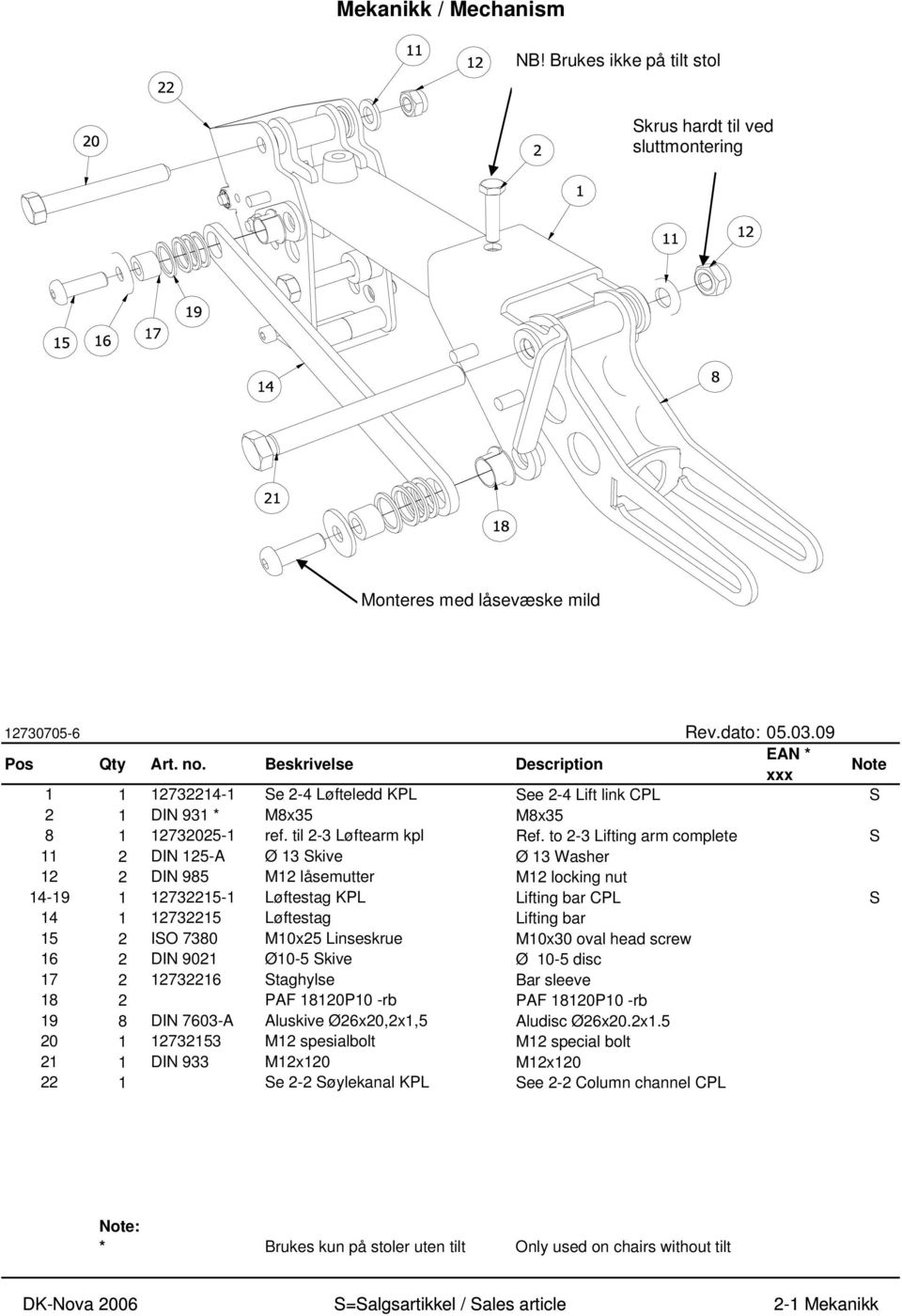 to 2-3 Lifting arm complete S 11 2 DIN 125-A Ø 13 Skive Ø 13 Washer 12 2 DIN 985 M12 låsemutter M12 locking nut 14-19 1 12732215-1 Løftestag KPL Lifting bar CPL S 14 1 12732215 Løftestag Lifting bar