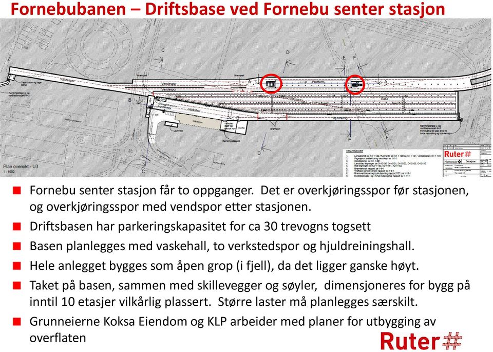 Driftsbasen har parkeringskapasitet for ca 30 trevogns togsett Basen planlegges med vaskehall, to verkstedspor og hjuldreiningshall.