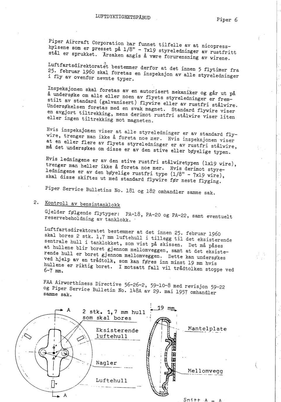 februar 1960 skal foretas en inspeksjon av alle styreledninger i fly av ovenfor nevnte typer.