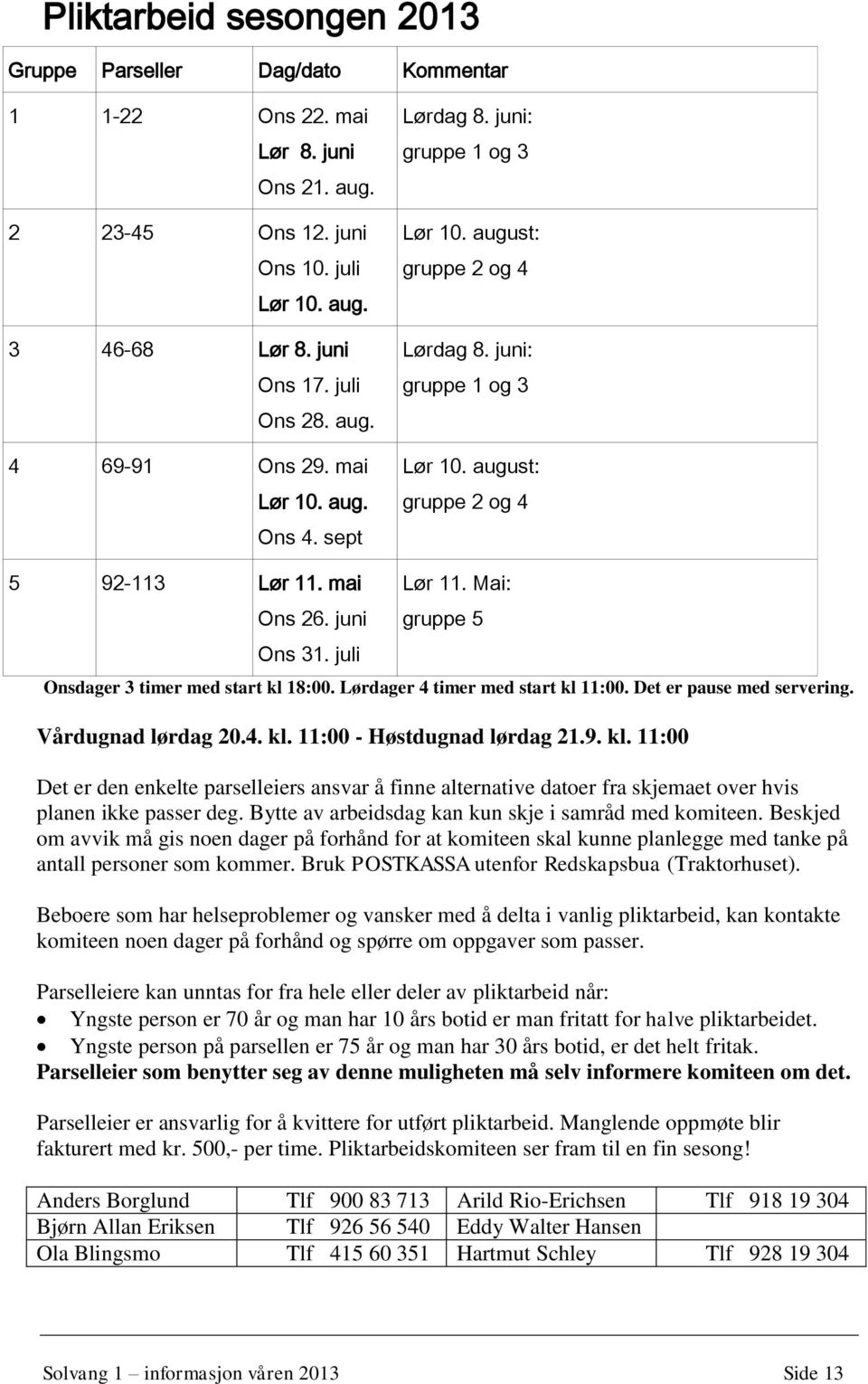 juli Lør 11. Mai: gruppe 5 Onsdager 3 timer med start kl 18:00. Lørdager 4 timer med start kl 11:00. Det er pause med servering. Vårdugnad lørdag 20.4. kl. 11:00 - Høstdugnad lørdag 21.9. kl. 11:00 Det er den enkelte parselleiers ansvar å finne alternative datoer fra skjemaet over hvis planen ikke passer deg.