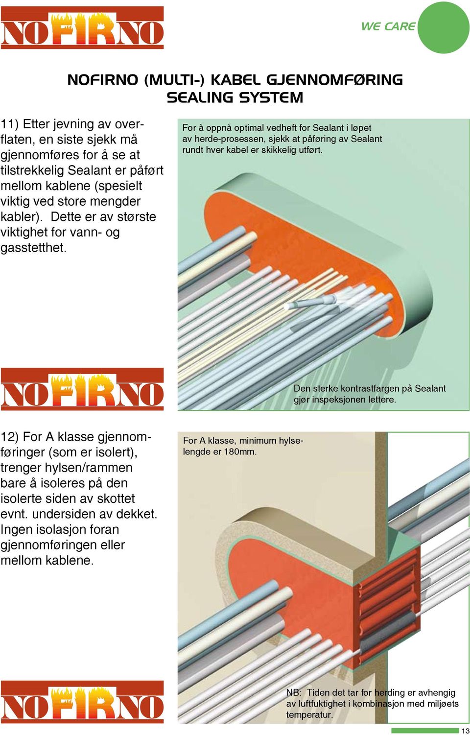 Den sterke kontrastfargen på Sealant gjør inspeksjonen lettere. 12) For A klasse gjennomføringer (som er isolert), trenger hylsen/rammen bare å isoleres på den isolerte siden av skottet evnt.