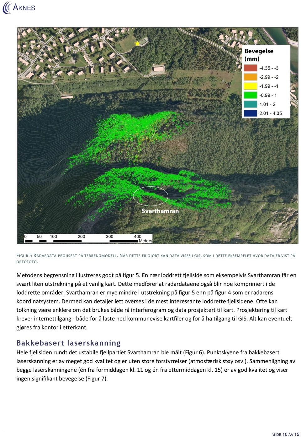 Svarthamran er mye mindre i utstrekning på figur 5 enn på figur 4 som er radarens koordinatsystem. Dermed kan detaljer lett overses i de mest interessante loddrette fjellsidene.