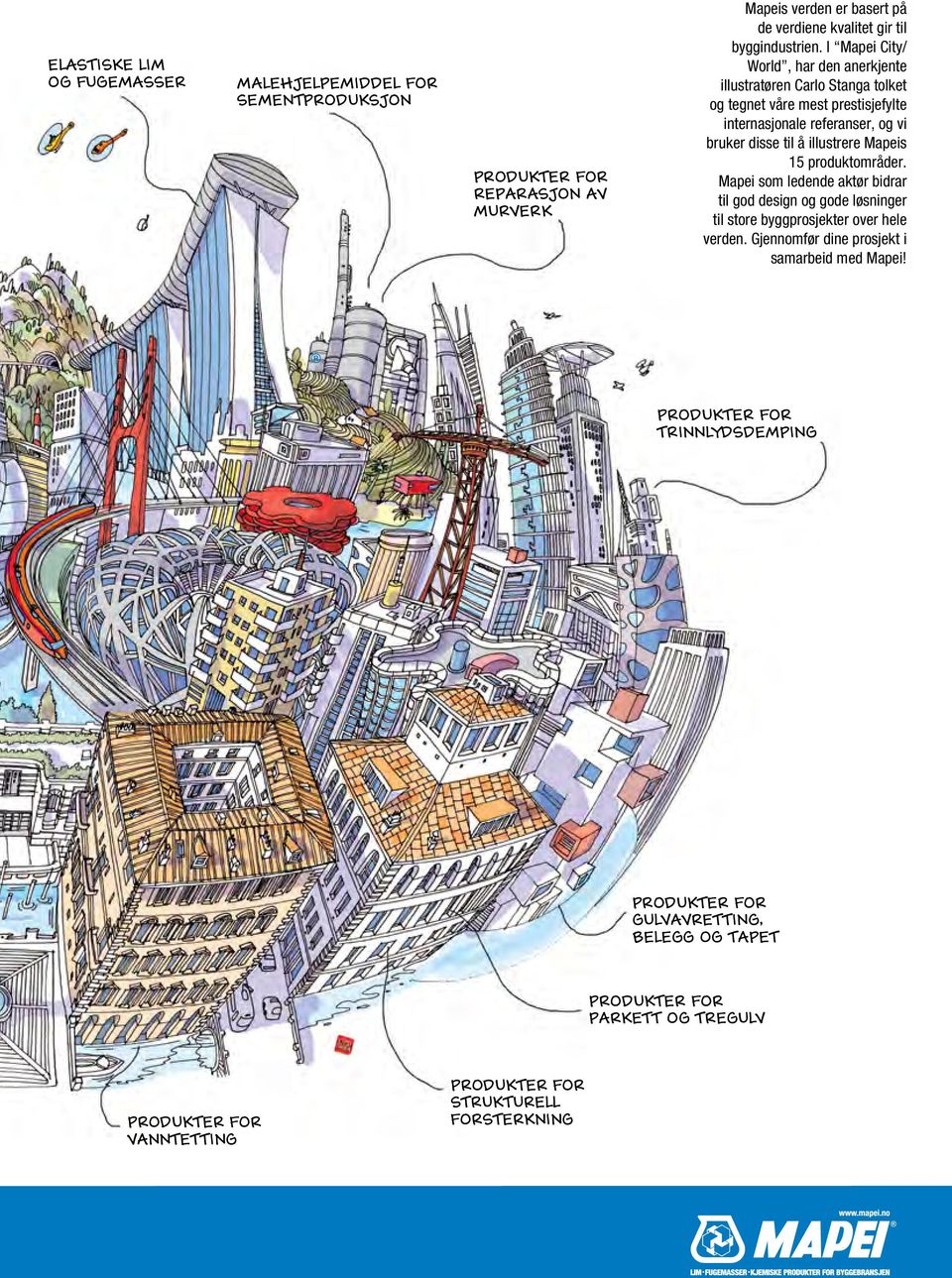 Mapeis 15 produktområder. Mapei som ledende aktør bidrar til god design og gode løsninger til store byggprosjekter over hele verden.