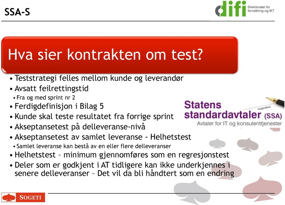 teste resultatet fra forrige sprint Akseptansetest på delleveranse-nivå Akseptansetest av samlet leveranse - Helhetstest Samlet