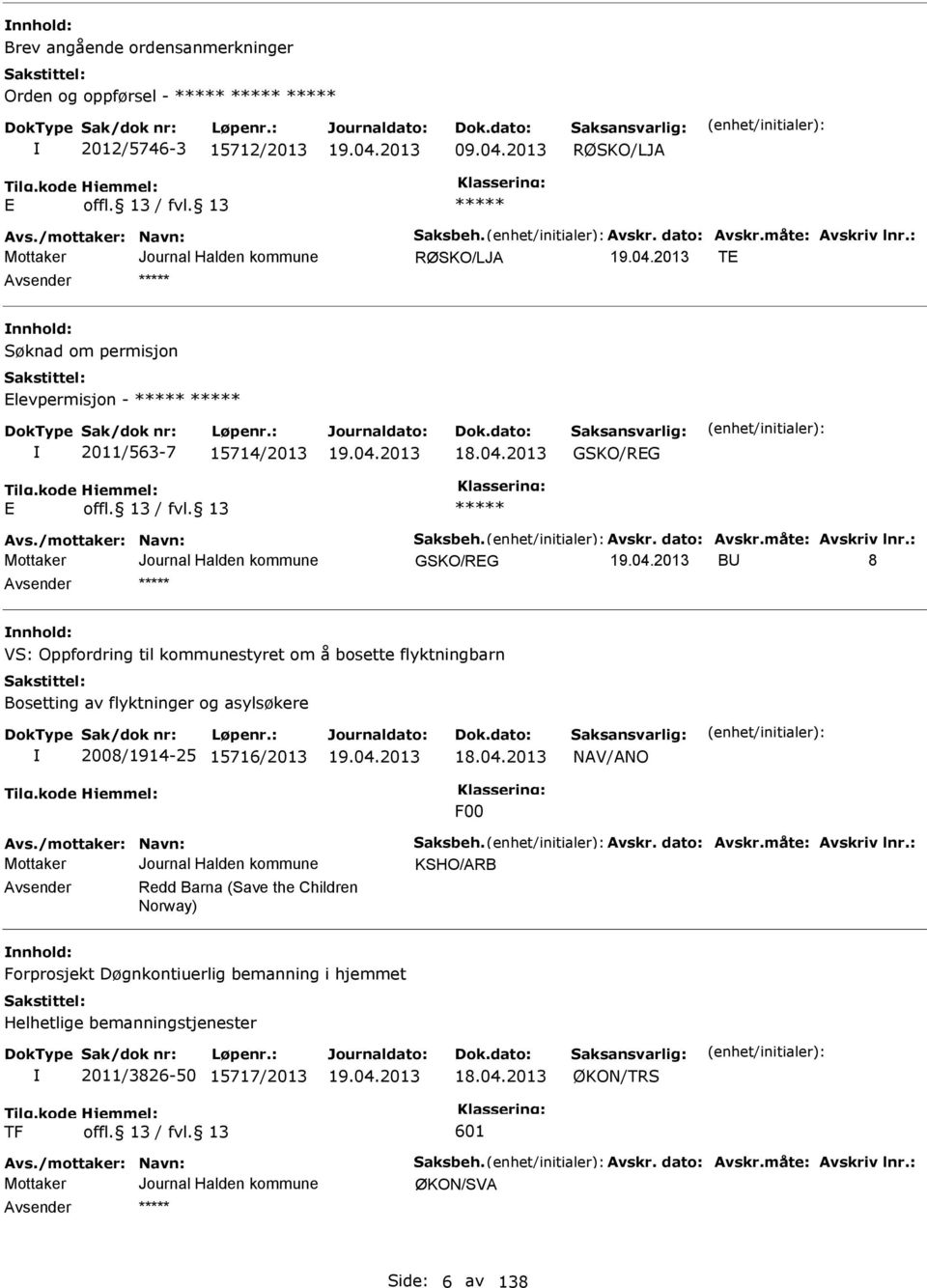 : GKO/RG BU 8 nnhold: V: Oppfordring til kommunestyret om å bosette flyktningbarn Bosetting av flyktninger og asylsøkere 2008/1914-25 15716/2013 18.04.2013 NAV/ANO F00 Avs./mottaker: Navn: aksbeh.