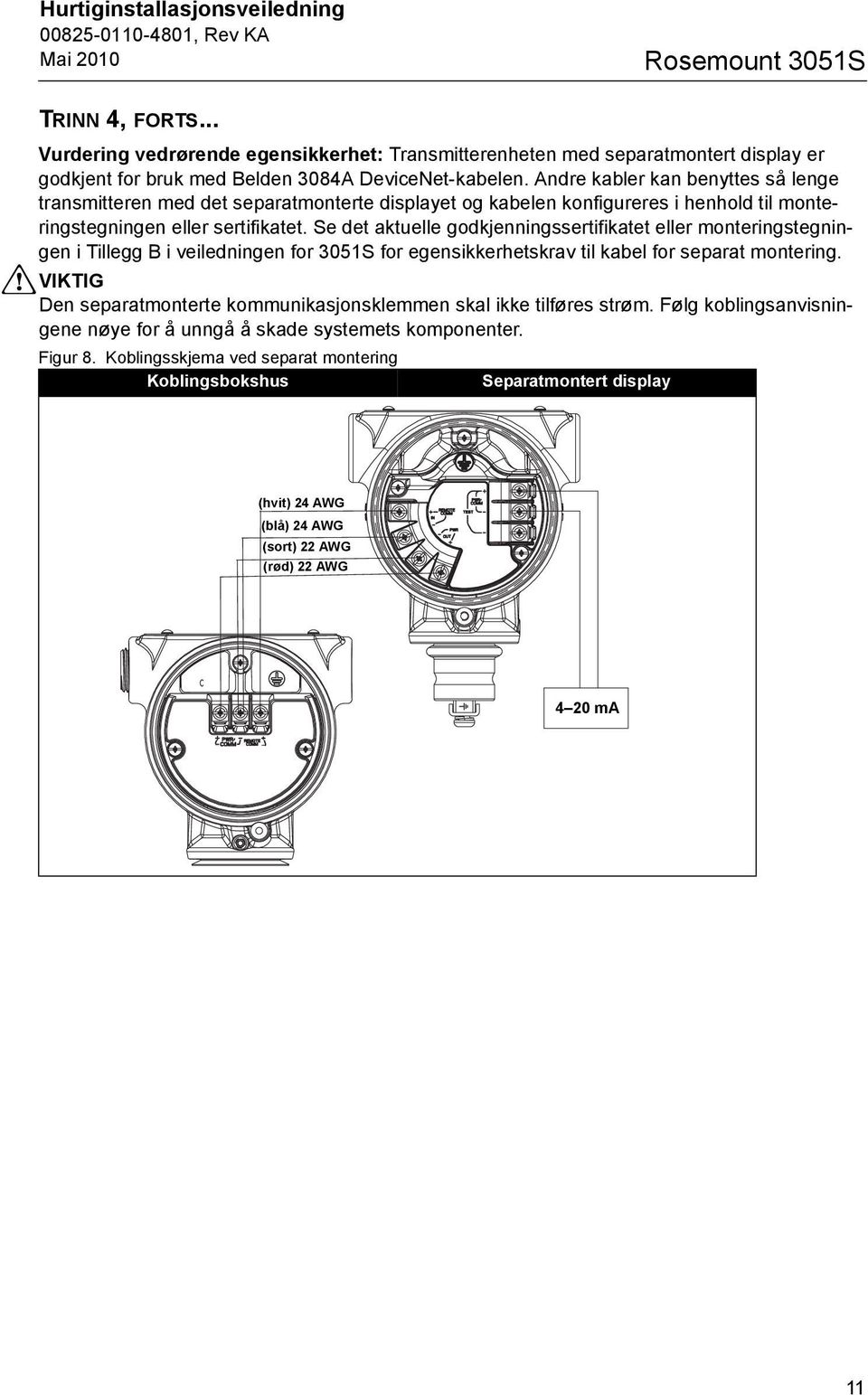 Se det aktuelle godkjenningssertifikatet eller monteringstegningen i Tillegg B i veiledningen for 3051S for egensikkerhetskrav til kabel for separat montering.