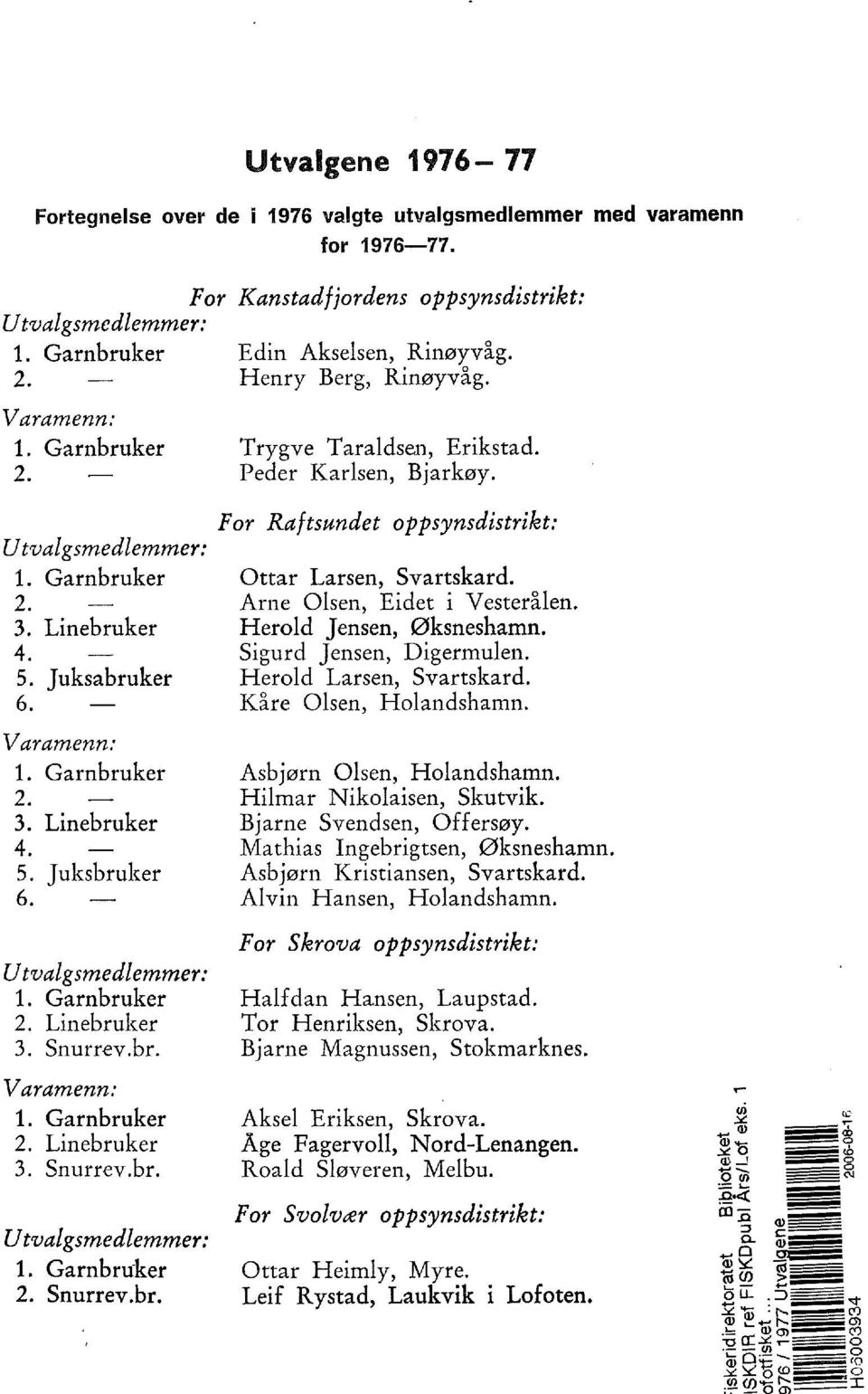 Garnbru-ker Snurrev.br. For Raftsundet oppsynsdistrikt: Ottar Larsen, Svartskard. Arne Olsen, Eidet i Vesterålen. Herold Jensen, Øksneshamn. Sigurd Jens en, Digermulen. Herold Larsen, Svartskard.