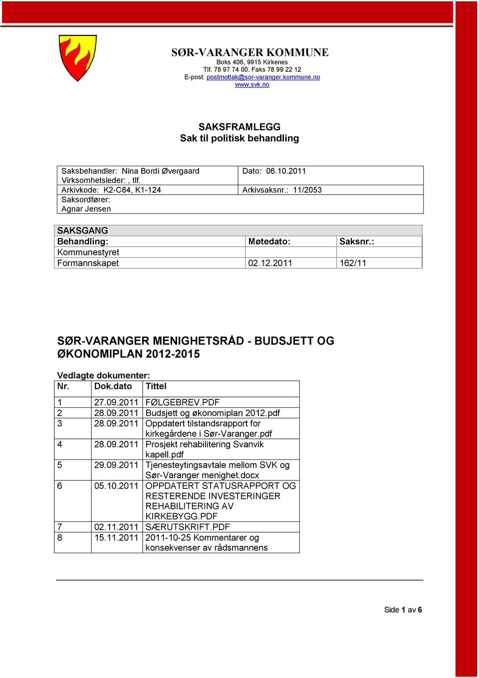 Arkivkode: K2-C84, K1-124 Saksordfører: Agnar Jensen SAKSGANG Behandling: Kommunestyret Formannskapet Dato: 6.1.211 Arkivsaksnr.: 11/253 Møtedato: Saksnr.: 2.12.211 162/11 SØR-VARANGER MENIGHETSRÅD - BUDSJETT OG ØKONOMIPLAN 212-215 Vedlagte dokumenter: Nr.